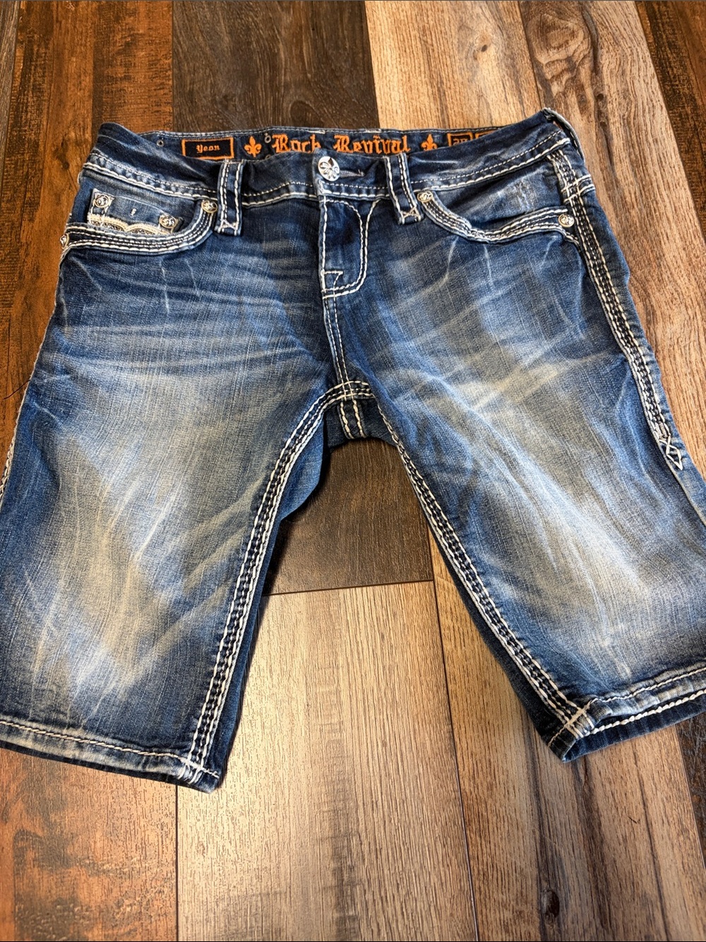 Rock Revival Women's Distressed Medium Blue Denim Bermuda Shorts